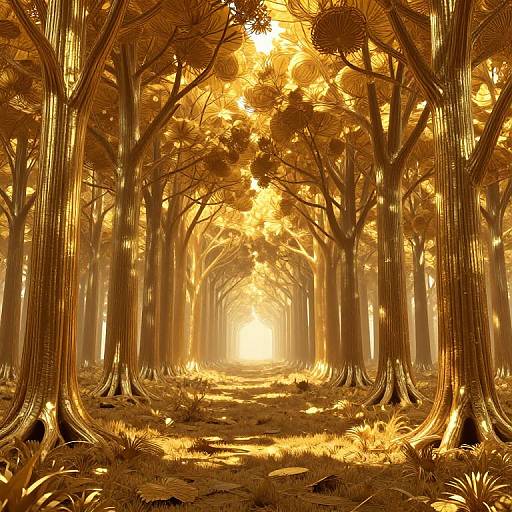 Photorealistic digital artwork of a golden forest with sunlit, amber-hued trees and foliage, casting intricate shadows on a sunlit path.