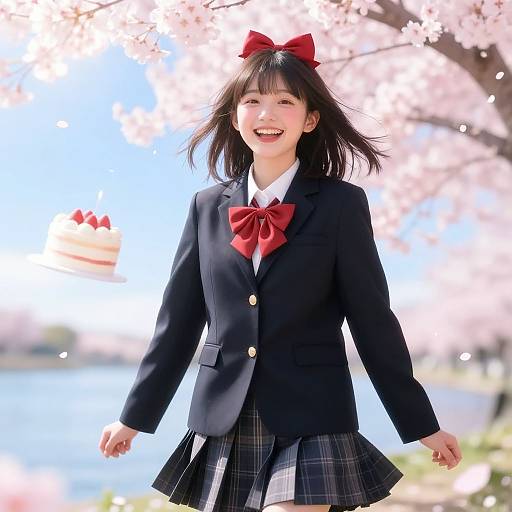 Japanese schoolgirl with black blazer, red bow, plaid skirt, smiling, under cherry blossoms, floating cake slice in background. Photoreal