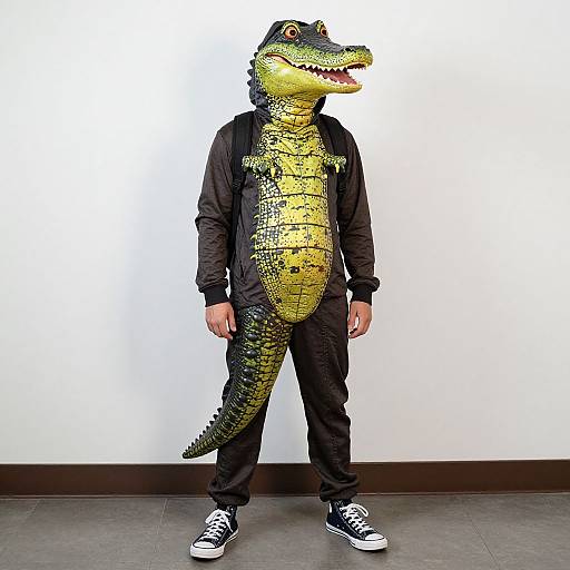 Photograph of a person wearing a detailed, yellow and green alligator costume with black jacket, pants, and black sneakers against a white wall.