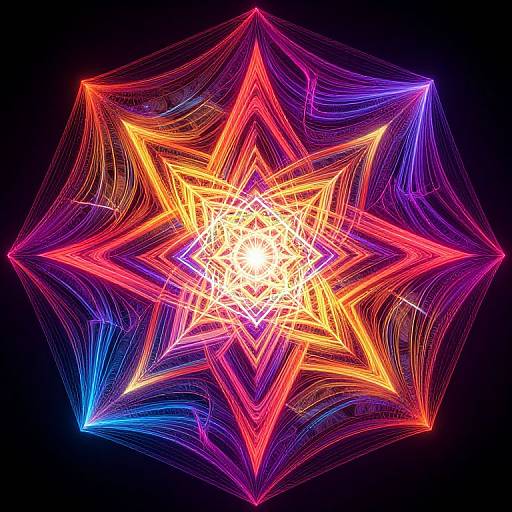 Vibrant neon starburst pattern with intersecting lines in red, orange, yellow, and blue against a black background, creating a dynamic, glowing