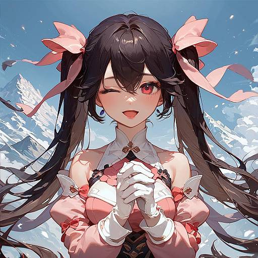Digital anime-style drawing of a cute girl with long black hair, red eyes, pink bows, white gloves, pink dress, winking, set against