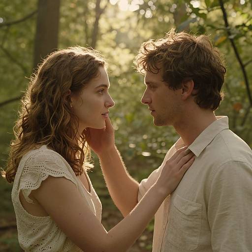 Photograph of a young couple in a sunlit forest, the woman gently touching the man's face, both wearing cream-colored clothes, soft sunlight filtering