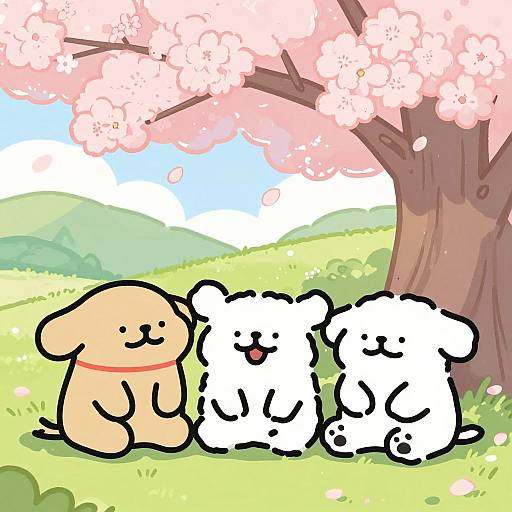 Cute Animals Under Cherry Blossom Tree