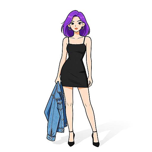 Stylish Woman in Black Mini Dress Holding Denim Jacket