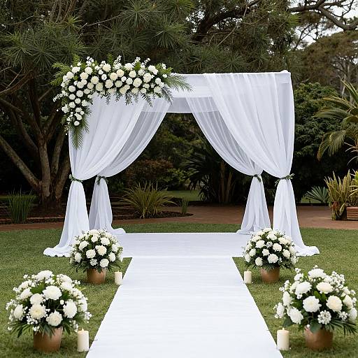 Elegant outdoor wedding arch adorned with white flowers and sheer curtains, flanked by white flower pots and candles, on a grassy lawn. Photographic
