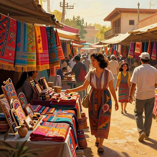 Photograph of a vibrant, sunlit market street with colorful, patterned textiles hanging above stalls, customers browsing, and a woman in a traditional dress