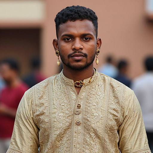 Photograph of a serious, dark-skinned African man with short curly hair, wearing a gold embroidered traditional shirt and gold earrings, standing against a blurred