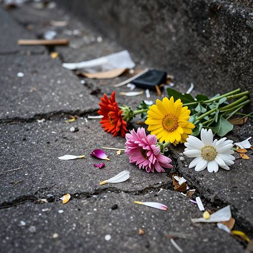 Photograph of colorful flower petals—red, yellow, pink, white—scattered on a cracked, dark asphalt surface with small debris and fallen leaves