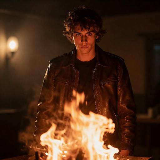 Man by Firelight in Leather Jacket