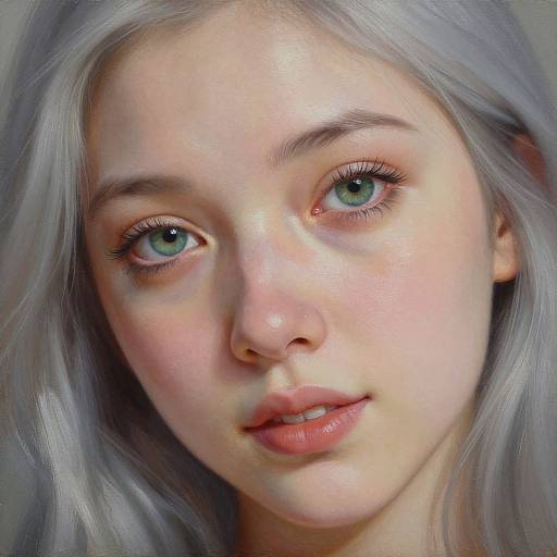 Digital portrait of a young woman with fair skin, silver hair, green eyes, and pink lips, staring directly at the camera.