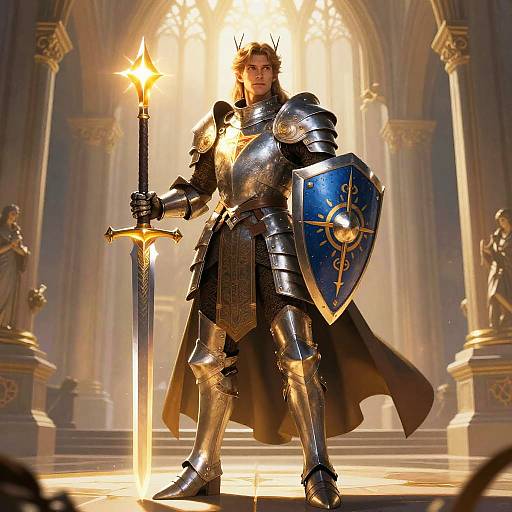 Photorealistic digital artwork of a muscular, armored knight with a crown, holding a flaming sword and blue shield, standing in a grand, sunlit