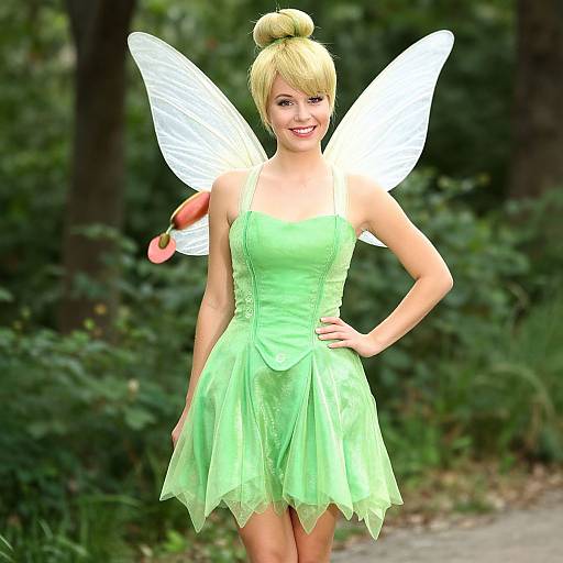 CGI image of a smiling blonde fairy with green dress, white wings, and bun hairstyle, standing in a lush forest.