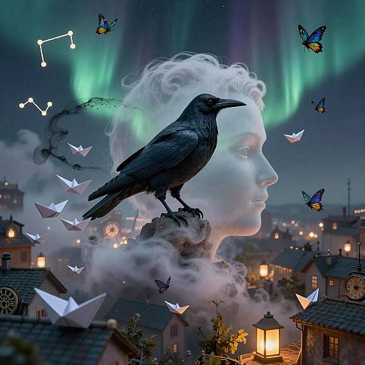 Double-Exposure Raven Dream Surreal Rooftop Headscape