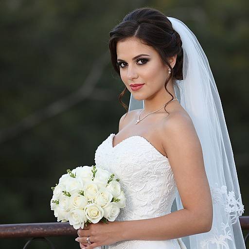 Photograph of a beautiful South Asian bride with dark hair, wearing a white strapless lace gown, veil, and holding a white rose bouquet, standing