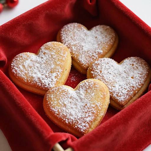 Photograph of five heart-shaped sugar cookies dusted with powdered sugar, nestled in a red velvet-lined box, evoking a festive, romantic atmosphere.