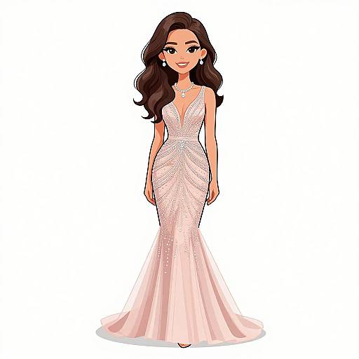 Digital illustration of a smiling woman with long, wavy brown hair, wearing a sparkling, pink, V-neck, sleeveless evening gown, standing against