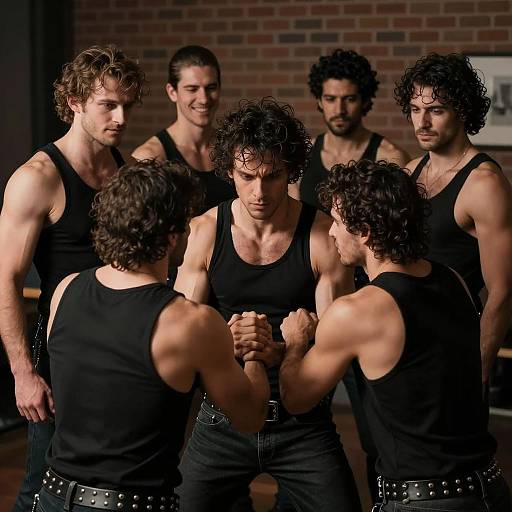 Group of muscular men in black tank tops arm wrestling