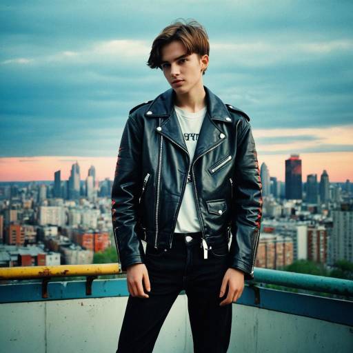 Teenage Boy in Vintage Leather Jacket Against City Skyline
