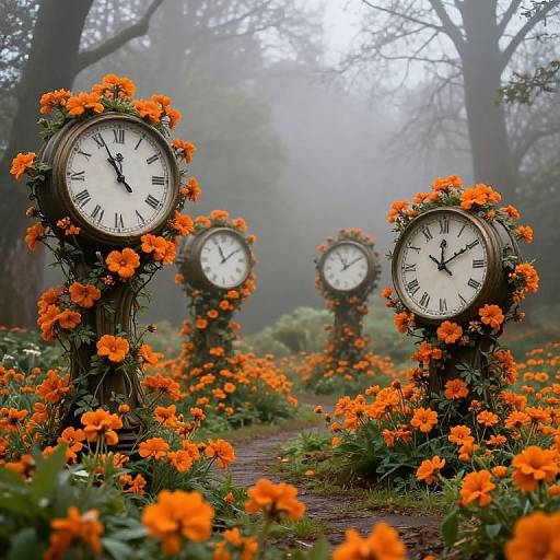 Photograph of four vintage clock towers adorned with vibrant orange flowers, standing in a misty forest path lined with more flowers.