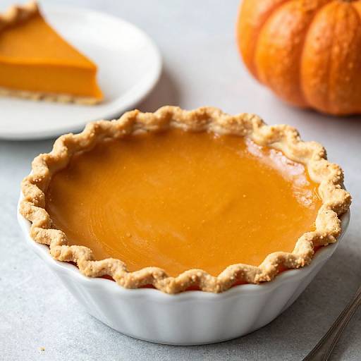 Photograph of a pumpkin pie with a golden-brown crust in a white ceramic dish, orange filling, and a pumpkin in the background.