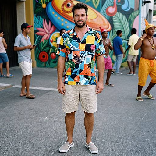 Photograph of a bearded man with curly hair in a colorful, tropical-patterned shirt, beige shorts, and white sneakers, standing on a street