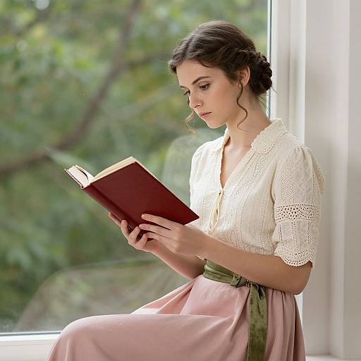 Photograph of a young woman with fair skin and dark curly hair, wearing a white lace blouse and pink skirt, reading a brown book by a sun