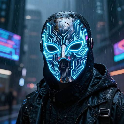 Cyberpunk city street at night, rain falling. Person wearing glowing blue, neon-laced mask, black raincoat, illuminated in front of blurred