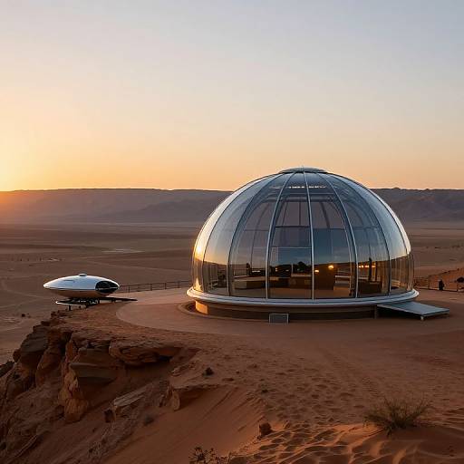Photograph of a glass dome observatory with a small white satellite structure in a desert at sunset, surrounded by red sand and rocky terrain.