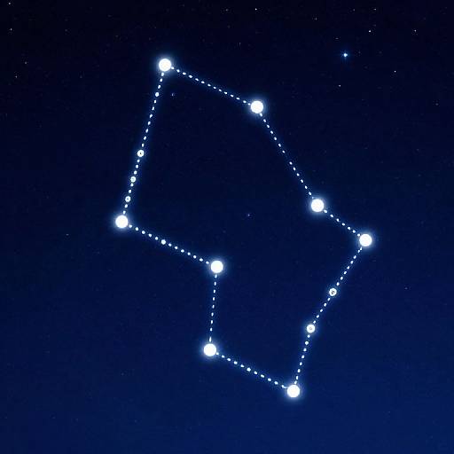 Digital image of a star constellation shaped like an irregular triangle, with bright white dots connected by dashed lines against a deep blue night sky.