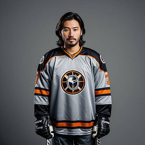 Asian Male Hockey Player in Grey and Orange Jersey