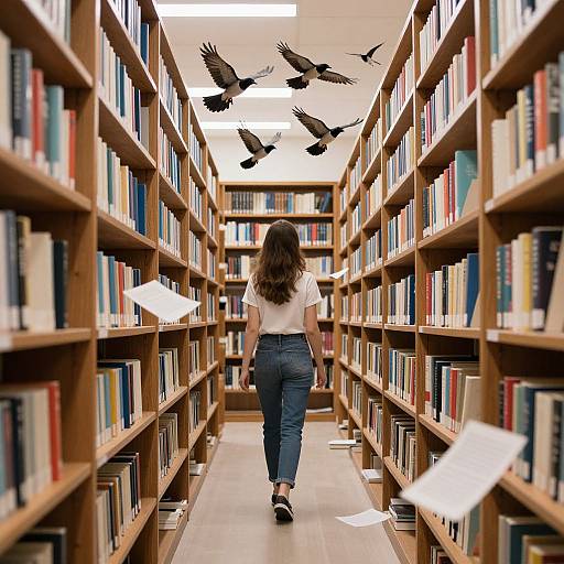Photograph of a woman with long brown hair, white shirt, and blue jeans, walking down a library aisle with flying black birds, papers floating around