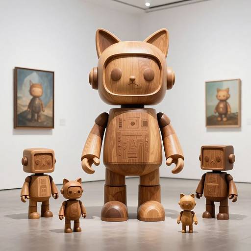 Photograph of a wooden robot family exhibit: tall cat robot centerpiece, four smaller robots, in a gallery with framed paintings.