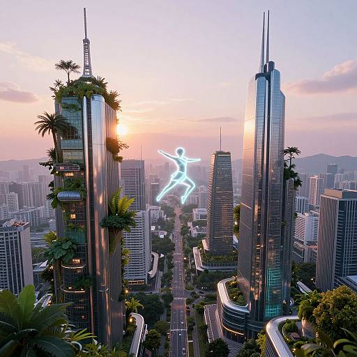 Photograph of a futuristic cityscape at sunset with two tall, glass skyscrapers adorned with palm trees, and a glowing, blue, humanoid silhouette