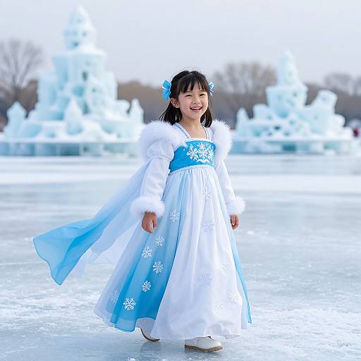 Photograph of a smiling Asian girl in a blue and white winter dress with fur trim, blue bow, and snowflake patterns, standing on a frozen