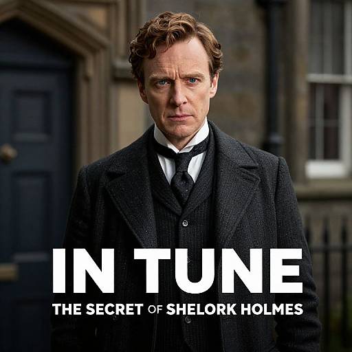 Photograph of a serious-looking man with wavy brown hair, dressed in a black suit and tie, in front of a stone building. Text reads