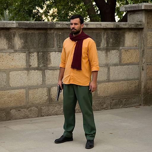 Photograph of a bearded man with dark skin, wearing an orange shirt, dark green pants, black shoes, and a maroon scarf, holding
