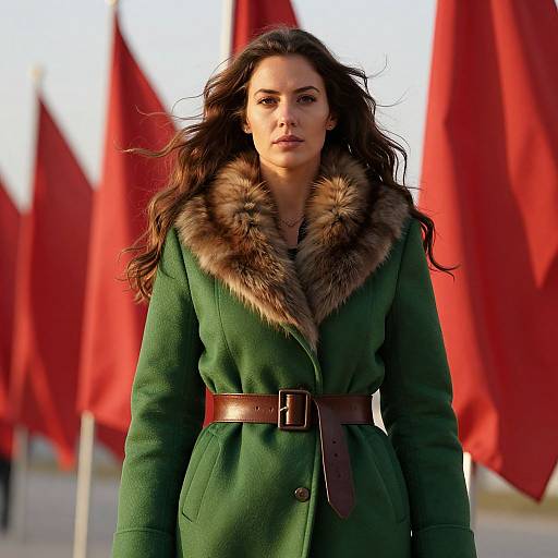 Photograph of a confident woman with long dark hair, wearing a green coat with fur collar and brown belt, standing in front of red flags.