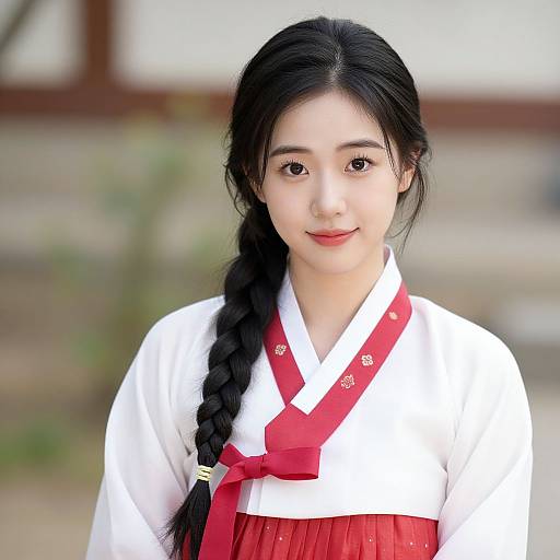 Photograph of an Asian woman with long black hair in a braid, wearing a white and red traditional Korean hanbok with a red bow,