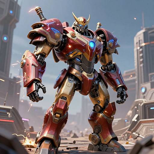 CGI image of a red and gold, glowing-blue-eyed, robotic warrior standing in a futuristic cityscape, surrounded by flying debris and tall buildings.