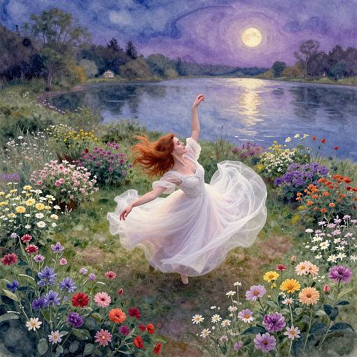 A woman in a flowing white dress dances by a moonlit lake, surrounded by vibrant flowers under a starry, purple night sky. Digital painting.