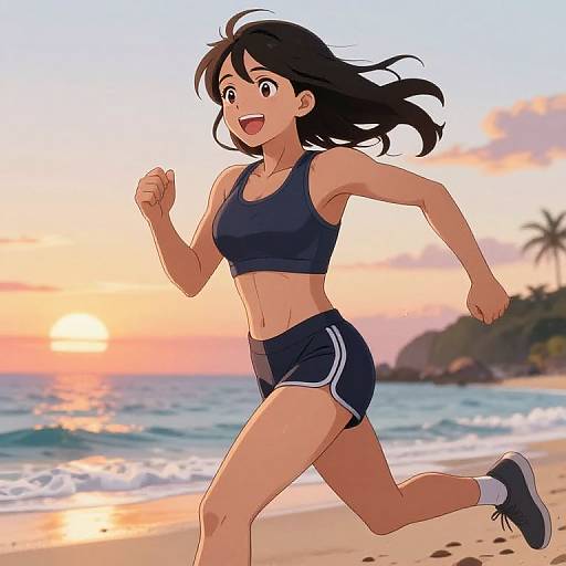 Anime-style illustration of a smiling, black-haired woman in a navy sports bra and shorts, running on a beach at sunset.