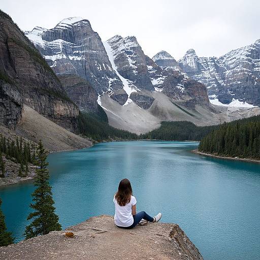 Photograph of a woman with long brown hair, wearing a white shirt and blue jeans, sitting on a rocky ledge overlooking a serene turquoise lake surrounded by