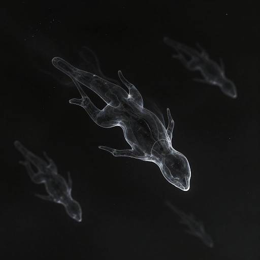Photograph of translucent, glowing jellyfish in dark water, showing their ethereal, flowing forms with soft, white luminescence against a black background