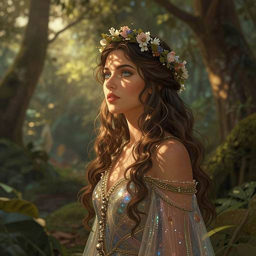 Digital fantasy artwork of a fair-skinned, long-haired woman with blue eyes, wearing a floral crown and shimmering forest dress, standing in a sun