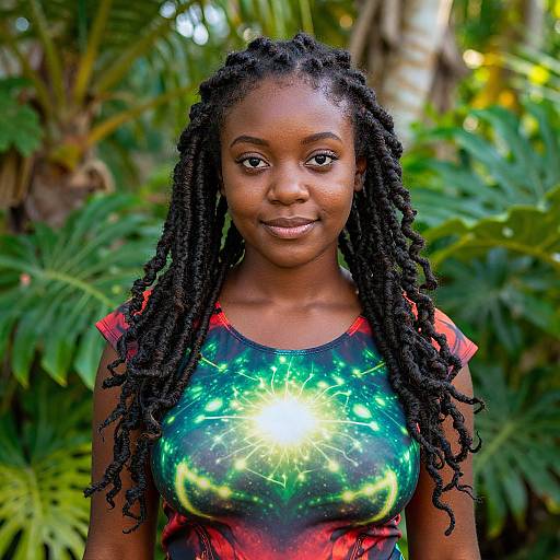 Photograph of a beautiful Black woman with long, twisted dreadlocks, wearing a vibrant, galaxy-patterned top, standing in a lush, green tropical
