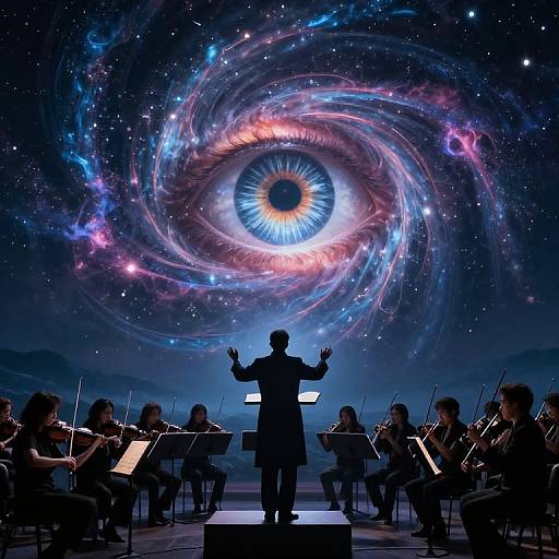 Photograph of a conductor silhouetted against a mesmerizing, cosmic backdrop featuring a large, glowing, spiral galaxy centered on an eye, with