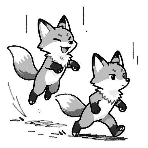 Two cartoon foxes, black and white sketch, running energetically; one with a joyful expression, the other focused, tails bushy, black