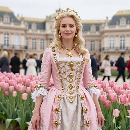 Photograph of a blonde woman with wavy hair, wearing a pink and white ornate dress adorned with gold floral embroidery, standing in a field of