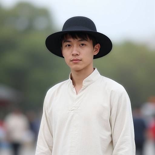 Photograph of a young Asian man with straight black hair, wearing a black wide-brimmed hat and white traditional shirt, standing outdoors with a blurred