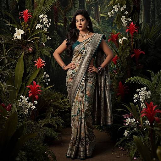 Photograph of a beautiful Indian woman in a shimmering silver saree with intricate floral patterns, standing confidently in a lush, tropical garden with red and